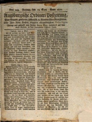 Augsburgische Ordinari Postzeitung von Staats-, gelehrten, historisch- u. ökonomischen Neuigkeiten (Augsburger Postzeitung) Freitag 19. September 1800