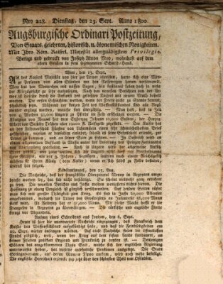 Augsburgische Ordinari Postzeitung von Staats-, gelehrten, historisch- u. ökonomischen Neuigkeiten (Augsburger Postzeitung) Dienstag 23. September 1800