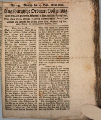 Augsburgische Ordinari Postzeitung von Staats-, gelehrten, historisch- u. ökonomischen Neuigkeiten (Augsburger Postzeitung) Montag 29. September 1800