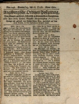 Augsburgische Ordinari Postzeitung von Staats-, gelehrten, historisch- u. ökonomischen Neuigkeiten (Augsburger Postzeitung) Donnerstag 16. Oktober 1800