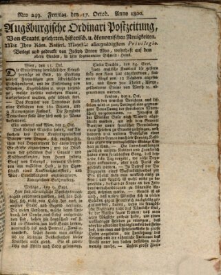 Augsburgische Ordinari Postzeitung von Staats-, gelehrten, historisch- u. ökonomischen Neuigkeiten (Augsburger Postzeitung) Freitag 17. Oktober 1800