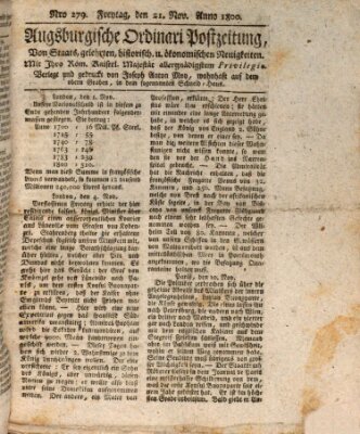 Augsburgische Ordinari Postzeitung von Staats-, gelehrten, historisch- u. ökonomischen Neuigkeiten (Augsburger Postzeitung) Freitag 21. November 1800