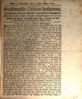 Augsburgische Ordinari Postzeitung von Staats-, gelehrten, historisch- u. ökonomischen Neuigkeiten (Augsburger Postzeitung) Samstag 3. Januar 1801