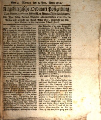 Augsburgische Ordinari Postzeitung von Staats-, gelehrten, historisch- u. ökonomischen Neuigkeiten (Augsburger Postzeitung) Montag 5. Januar 1801