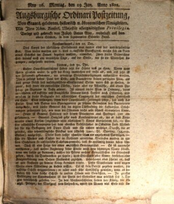 Augsburgische Ordinari Postzeitung von Staats-, gelehrten, historisch- u. ökonomischen Neuigkeiten (Augsburger Postzeitung) Montag 19. Januar 1801