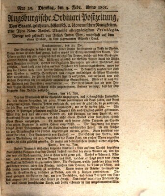 Augsburgische Ordinari Postzeitung von Staats-, gelehrten, historisch- u. ökonomischen Neuigkeiten (Augsburger Postzeitung) Dienstag 3. Februar 1801