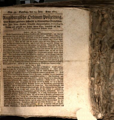 Augsburgische Ordinari Postzeitung von Staats-, gelehrten, historisch- u. ökonomischen Neuigkeiten (Augsburger Postzeitung) Samstag 14. Februar 1801