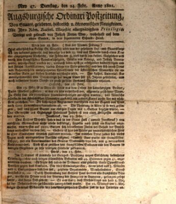 Augsburgische Ordinari Postzeitung von Staats-, gelehrten, historisch- u. ökonomischen Neuigkeiten (Augsburger Postzeitung) Dienstag 24. Februar 1801