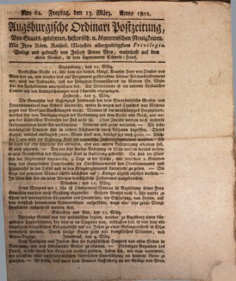 Augsburgische Ordinari Postzeitung von Staats-, gelehrten, historisch- u. ökonomischen Neuigkeiten (Augsburger Postzeitung) Freitag 13. März 1801