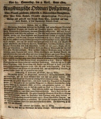 Augsburgische Ordinari Postzeitung von Staats-, gelehrten, historisch- u. ökonomischen Neuigkeiten (Augsburger Postzeitung) Donnerstag 9. April 1801