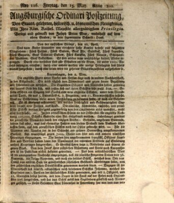 Augsburgische Ordinari Postzeitung von Staats-, gelehrten, historisch- u. ökonomischen Neuigkeiten (Augsburger Postzeitung) Freitag 15. Mai 1801