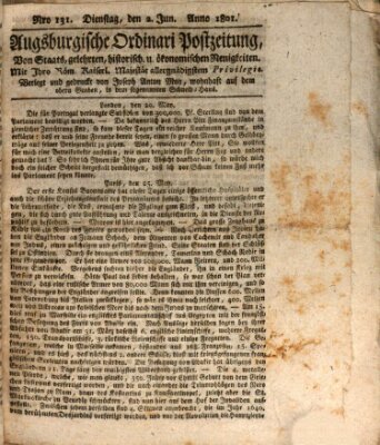 Augsburgische Ordinari Postzeitung von Staats-, gelehrten, historisch- u. ökonomischen Neuigkeiten (Augsburger Postzeitung) Dienstag 2. Juni 1801
