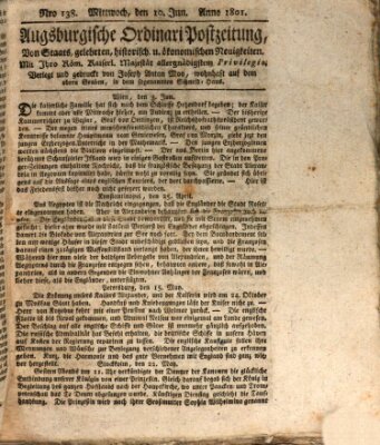 Augsburgische Ordinari Postzeitung von Staats-, gelehrten, historisch- u. ökonomischen Neuigkeiten (Augsburger Postzeitung) Mittwoch 10. Juni 1801