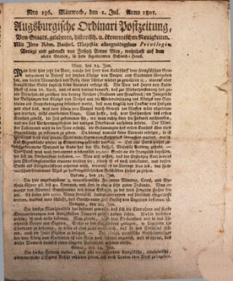 Augsburgische Ordinari Postzeitung von Staats-, gelehrten, historisch- u. ökonomischen Neuigkeiten (Augsburger Postzeitung) Mittwoch 1. Juli 1801