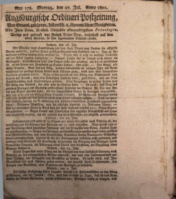 Augsburgische Ordinari Postzeitung von Staats-, gelehrten, historisch- u. ökonomischen Neuigkeiten (Augsburger Postzeitung) Montag 27. Juli 1801