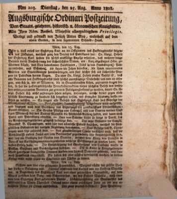 Augsburgische Ordinari Postzeitung von Staats-, gelehrten, historisch- u. ökonomischen Neuigkeiten (Augsburger Postzeitung) Dienstag 25. August 1801