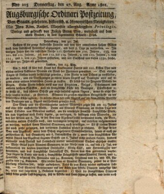 Augsburgische Ordinari Postzeitung von Staats-, gelehrten, historisch- u. ökonomischen Neuigkeiten (Augsburger Postzeitung) Donnerstag 27. August 1801