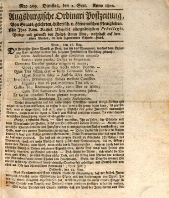 Augsburgische Ordinari Postzeitung von Staats-, gelehrten, historisch- u. ökonomischen Neuigkeiten (Augsburger Postzeitung) Dienstag 1. September 1801