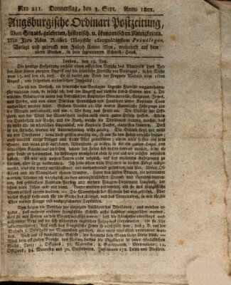 Augsburgische Ordinari Postzeitung von Staats-, gelehrten, historisch- u. ökonomischen Neuigkeiten (Augsburger Postzeitung) Donnerstag 3. September 1801