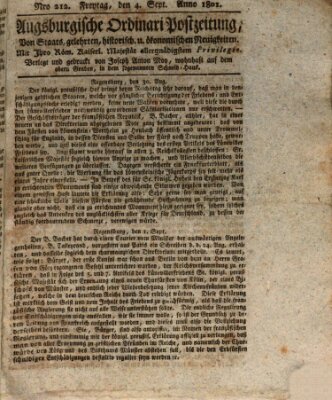 Augsburgische Ordinari Postzeitung von Staats-, gelehrten, historisch- u. ökonomischen Neuigkeiten (Augsburger Postzeitung) Freitag 4. September 1801