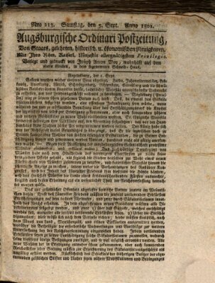 Augsburgische Ordinari Postzeitung von Staats-, gelehrten, historisch- u. ökonomischen Neuigkeiten (Augsburger Postzeitung) Samstag 5. September 1801