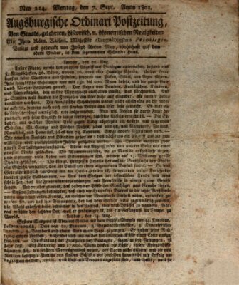 Augsburgische Ordinari Postzeitung von Staats-, gelehrten, historisch- u. ökonomischen Neuigkeiten (Augsburger Postzeitung) Montag 7. September 1801