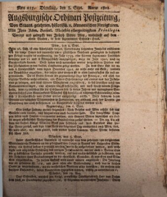 Augsburgische Ordinari Postzeitung von Staats-, gelehrten, historisch- u. ökonomischen Neuigkeiten (Augsburger Postzeitung) Dienstag 8. September 1801