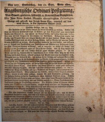 Augsburgische Ordinari Postzeitung von Staats-, gelehrten, historisch- u. ökonomischen Neuigkeiten (Augsburger Postzeitung) Donnerstag 10. September 1801