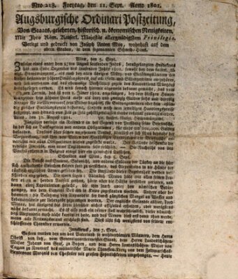 Augsburgische Ordinari Postzeitung von Staats-, gelehrten, historisch- u. ökonomischen Neuigkeiten (Augsburger Postzeitung) Freitag 11. September 1801