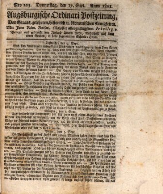 Augsburgische Ordinari Postzeitung von Staats-, gelehrten, historisch- u. ökonomischen Neuigkeiten (Augsburger Postzeitung) Donnerstag 17. September 1801