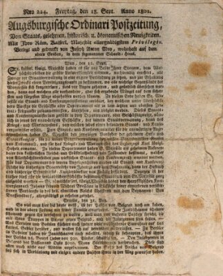 Augsburgische Ordinari Postzeitung von Staats-, gelehrten, historisch- u. ökonomischen Neuigkeiten (Augsburger Postzeitung) Freitag 18. September 1801