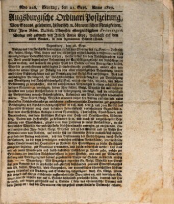 Augsburgische Ordinari Postzeitung von Staats-, gelehrten, historisch- u. ökonomischen Neuigkeiten (Augsburger Postzeitung) Montag 21. September 1801