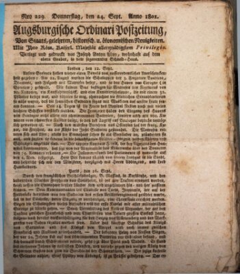 Augsburgische Ordinari Postzeitung von Staats-, gelehrten, historisch- u. ökonomischen Neuigkeiten (Augsburger Postzeitung) Donnerstag 24. September 1801