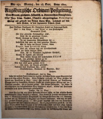 Augsburgische Ordinari Postzeitung von Staats-, gelehrten, historisch- u. ökonomischen Neuigkeiten (Augsburger Postzeitung) Montag 28. September 1801