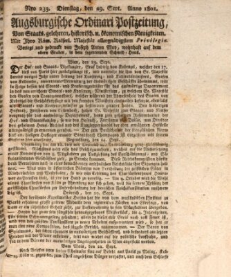 Augsburgische Ordinari Postzeitung von Staats-, gelehrten, historisch- u. ökonomischen Neuigkeiten (Augsburger Postzeitung) Dienstag 29. September 1801