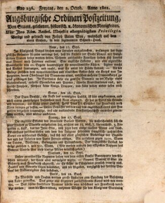 Augsburgische Ordinari Postzeitung von Staats-, gelehrten, historisch- u. ökonomischen Neuigkeiten (Augsburger Postzeitung) Freitag 2. Oktober 1801