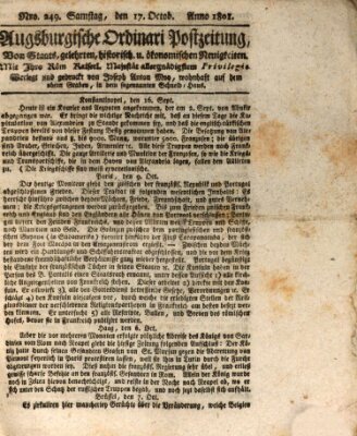 Augsburgische Ordinari Postzeitung von Staats-, gelehrten, historisch- u. ökonomischen Neuigkeiten (Augsburger Postzeitung) Samstag 17. Oktober 1801