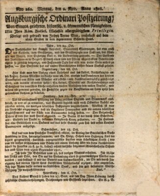 Augsburgische Ordinari Postzeitung von Staats-, gelehrten, historisch- u. ökonomischen Neuigkeiten (Augsburger Postzeitung) Montag 2. November 1801