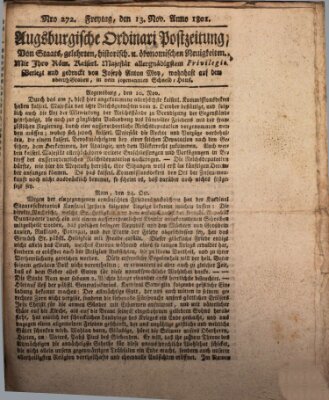 Augsburgische Ordinari Postzeitung von Staats-, gelehrten, historisch- u. ökonomischen Neuigkeiten (Augsburger Postzeitung) Freitag 13. November 1801