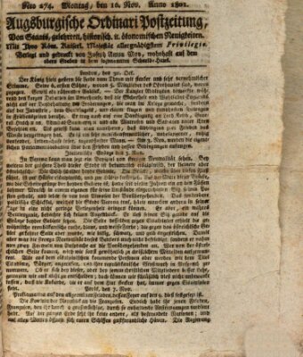 Augsburgische Ordinari Postzeitung von Staats-, gelehrten, historisch- u. ökonomischen Neuigkeiten (Augsburger Postzeitung) Montag 16. November 1801