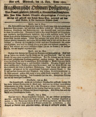 Augsburgische Ordinari Postzeitung von Staats-, gelehrten, historisch- u. ökonomischen Neuigkeiten (Augsburger Postzeitung) Mittwoch 18. November 1801