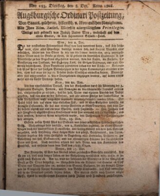 Augsburgische Ordinari Postzeitung von Staats-, gelehrten, historisch- u. ökonomischen Neuigkeiten (Augsburger Postzeitung) Dienstag 8. Dezember 1801