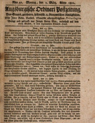 Augsburgische Ordinari Postzeitung von Staats-, gelehrten, historisch- u. ökonomischen Neuigkeiten (Augsburger Postzeitung) Montag 1. März 1802