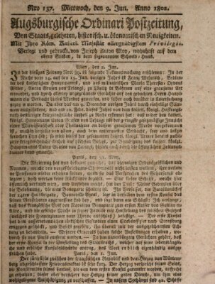 Augsburgische Ordinari Postzeitung von Staats-, gelehrten, historisch- u. ökonomischen Neuigkeiten (Augsburger Postzeitung) Mittwoch 9. Juni 1802