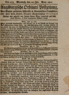 Augsburgische Ordinari Postzeitung von Staats-, gelehrten, historisch- u. ökonomischen Neuigkeiten (Augsburger Postzeitung) Mittwoch 21. Juli 1802