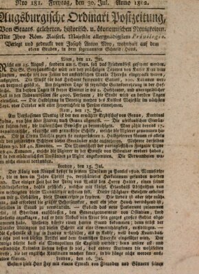 Augsburgische Ordinari Postzeitung von Staats-, gelehrten, historisch- u. ökonomischen Neuigkeiten (Augsburger Postzeitung) Freitag 30. Juli 1802