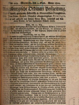 Augsburgische Ordinari Postzeitung von Staats-, gelehrten, historisch- u. ökonomischen Neuigkeiten (Augsburger Postzeitung) Mittwoch 1. September 1802