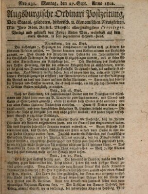 Augsburgische Ordinari Postzeitung von Staats-, gelehrten, historisch- u. ökonomischen Neuigkeiten (Augsburger Postzeitung) Montag 27. September 1802