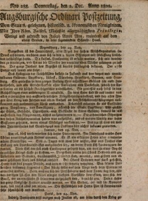 Augsburgische Ordinari Postzeitung von Staats-, gelehrten, historisch- u. ökonomischen Neuigkeiten (Augsburger Postzeitung) Donnerstag 2. Dezember 1802