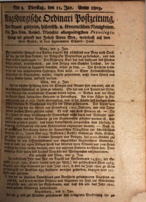 Augsburgische Ordinari Postzeitung von Staats-, gelehrten, historisch- u. ökonomischen Neuigkeiten (Augsburger Postzeitung) Dienstag 11. Januar 1803